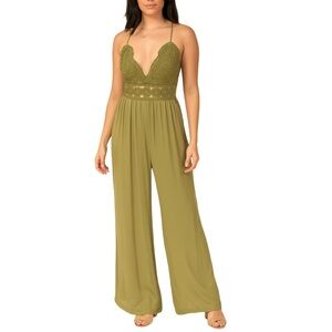 Blashe Los Angeles Olive Green Crochet Lace Jumpsuit - Size Large